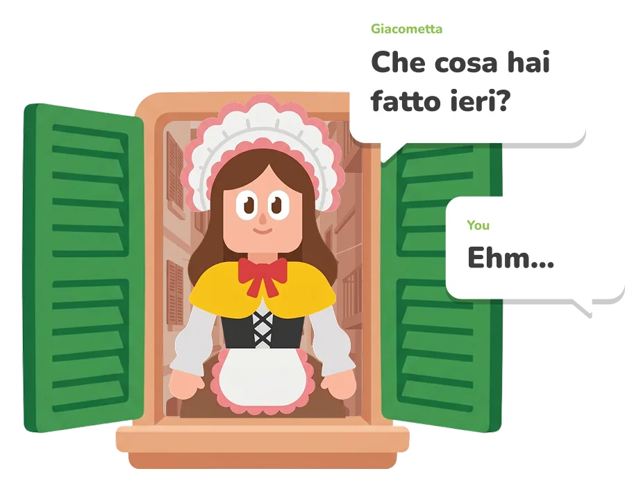 A character asks 'Che cosa hai fatto ieri?' and you freeze — 'Ehm…'