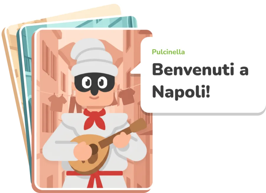 Maschere character cards, Pulcinella welcomes you to Napoli